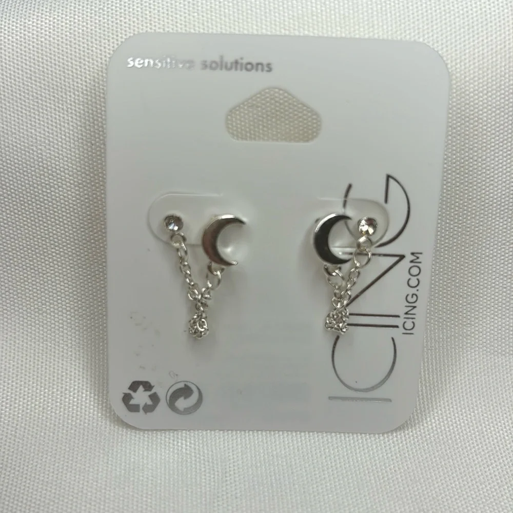 Icing Embellished Moon Connector Chain Stud Earrings Silver